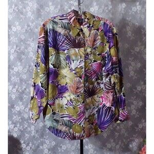 Vintage 80s Blouse 1980s Floral Tropical New Wave Vacation Resort Size Medium